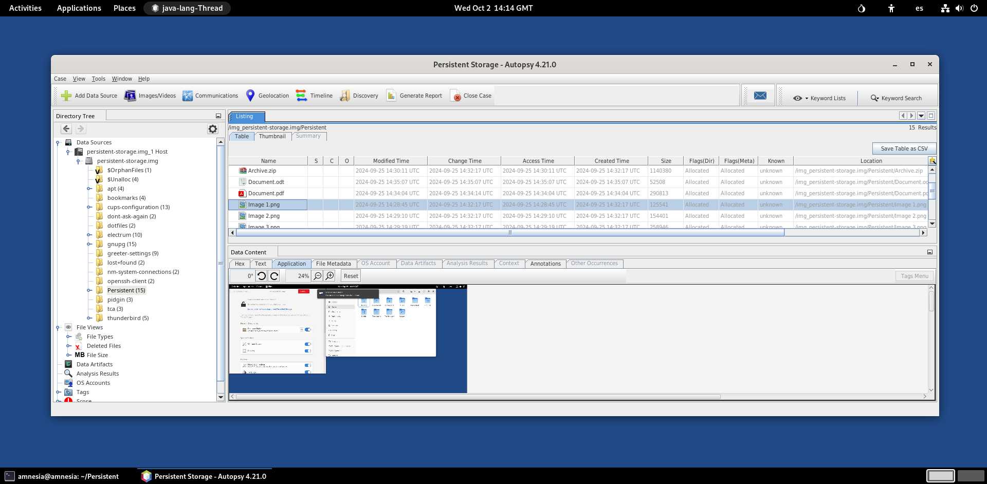 Autopsy in Tails showing files recovered from the partition image of a Persistent Storage