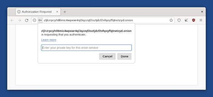 Navegador Tor demanant la clau privada per connectar-se a un servei onion