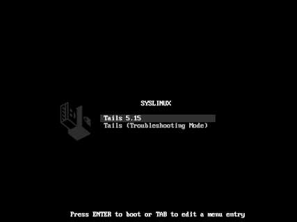Carregador d'arrencada SYSLINUX mostrant 'Tails 5.15.1'