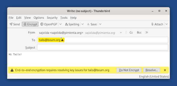 Finestra del compositor del Thunderbird amb l'encriptatge activat i una notificació sobre una clau que falta i com resoldre el problema.